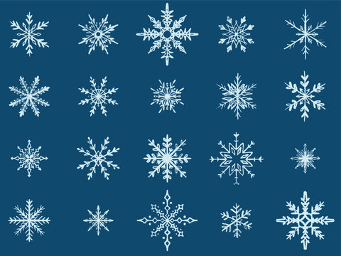 Hand drawn winter snowflakes set. Vector sketch illustration in vintage crayon charcoal style. Unique snow flakes patterns for holidays, Christmas, New Year