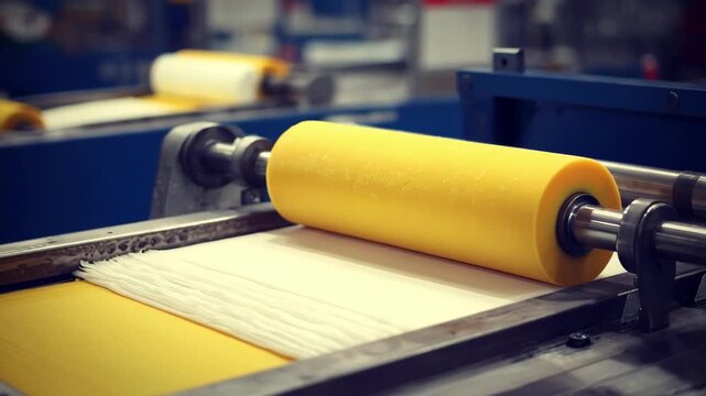 Closeup medium shot of a lithography printer producing vivid color prints with smooth gradients on thick stock paper.