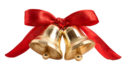 Shiny golden Christmas bell with a festive red ribbon bow isolated on a white background for holiday season celebration and winter xmas ornament decoration