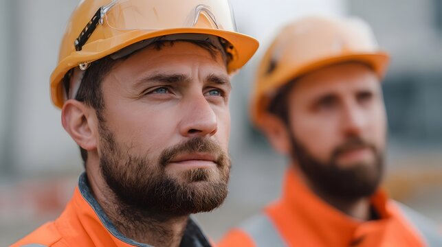 Two construction workers in hard hats and safety vests looking up with determination