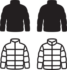 Puffer Jacket Cut Silhouette, padded winter jacket shape, warm outerwear design, fashion clothing cut, solid black silhouette, outline filled version, minimal vector, isolated white background