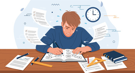 Overwhelmed male student working late at a wooden desk surrounded by many papers books and a clock showing time.