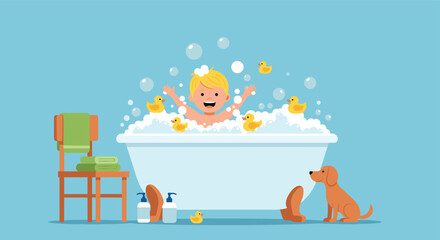 Naklejka premium Happy little boy playing with yellow rubber ducks in a bathtub full of white soap bubbles and a dog watching nearby.