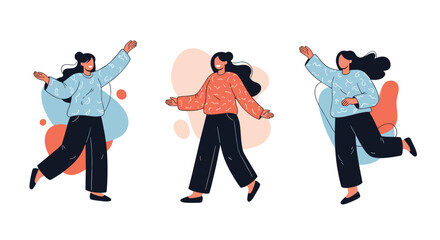 Group of three happy young women in casual clothes shown in different joyful and energetic poses on a plain background.