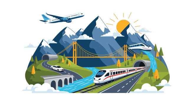 Transportation landscape showing a passenger plane a car a high speed train and a bridge over a river in mountains.