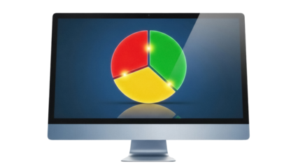 Modern computer screen with pie chart PNG isolated on transparent background, business data visualization for presentations and reports