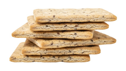 Stack of whole wheat crackers isolated PNG, healthy snack food with seeds on transparent background...