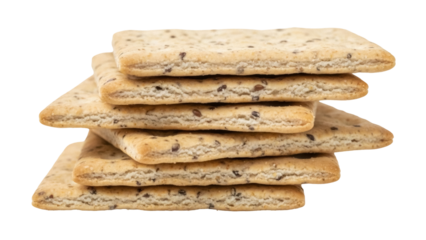 Stack of whole wheat crackers isolated PNG, healthy snack food with seeds on transparent background for diet and nutrition concepts