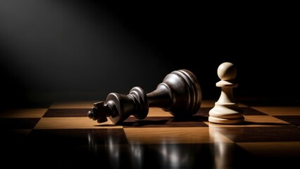 Fallen Black King Chess Piece and Standing White Pawn on Chessboard.