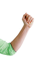 Clenched fist and arm in green sleeve