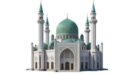 Kazan Qolsharif Mosque PNG isolated on transparent background, Islamic architecture with turquoise domes and minarets for religious design