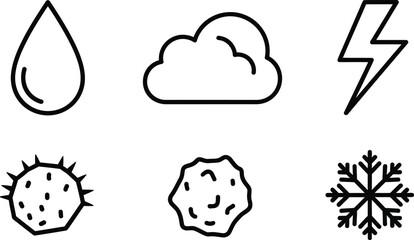 Solid black outlines of neat raindrop cloud lightning bolt hail snowflake weather set
