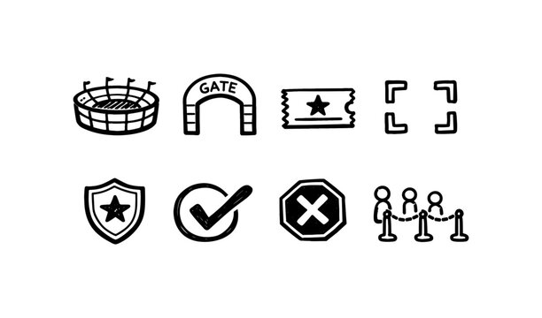 Collection of hand-drawn icons representing event access and security elements