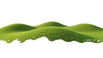 Green grass hills isolated PNG on transparent background, grassy knolls with yellow flowers for landscape design and nature scenes