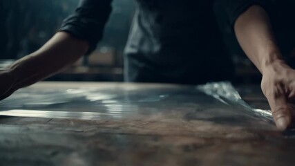 Medium shot capturing the careful placement of a clear protective hydrophobic film onto a glass surface highlighting precision application.