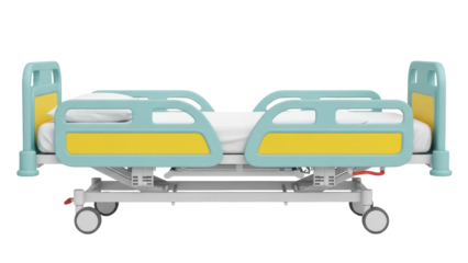 Hospital bed PNG isolated on transparent background, adjustable medical bed with rails and wheels for patient care and recovery