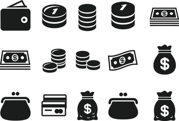 Solid black neat icons of neat wallet coin bill purse card money finance set