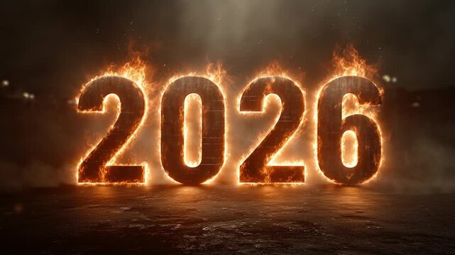 Fiery 2026 digital typography concept featuring glowing orange numbers burning intensely upon dark ground