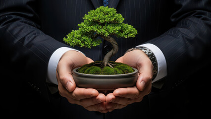 Businessman hands holding bonsai tree representing sustainable business growth and development.
