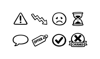 Fototapeta premium Set of hand-drawn icons representing business concepts like warnings, losses, and offers