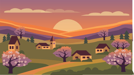 Spring village landscape at sunset