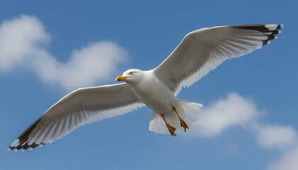 Obraz premium A white seagull in flight against a bright blue sky with fluffy white clouds