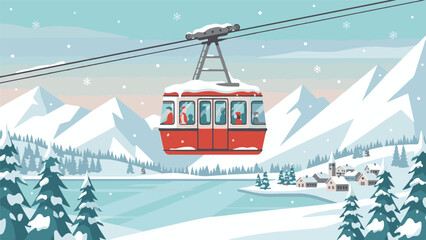 Ski lift gondola in snowy mountain landscape with village and frozen lake © StockStudio