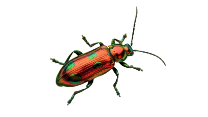 Vibrant iridescent leaf beetle PNG isolated on transparent background, colorful insect with metallic sheen for design projects