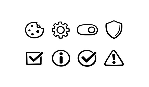 Collection of simple black and white icons representing common digital actions and alerts