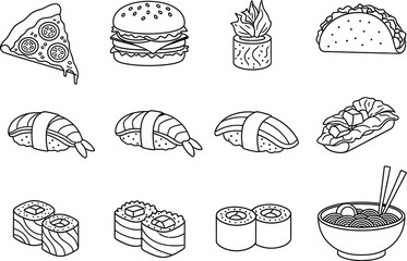 Clean white silhouettes of neat pizza slice burger taco sushi ramen noodle food set