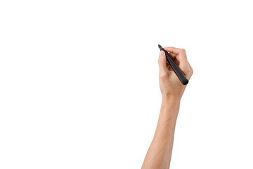 Hand holding black marker for writing isolated on white background