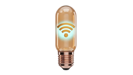 Retro light bulb with WiFi symbol isolated PNG on transparent background, wireless internet connection concept for technology and communication