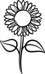 Elegant Black and White Outline Drawing of a Sunflower with Leaves, Capturing the Essence of Summer and Nature in a Minimalist Style