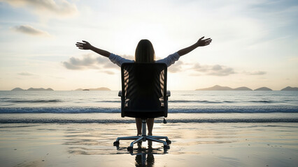 Businesswoman relaxing in office chair on beach with arms raised.