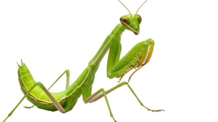 Green praying mantis isolated PNG on transparent background, predatory insect with camouflage and grasping forelegs for wildlife and nature projects