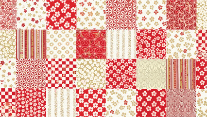 Vibrant patchwork of red and white floral patterns and geometric designs