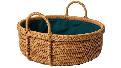Fototapeta premium Woven rattan basket with handles isolated PNG, round wicker container with green fabric liner for storage and home decor
