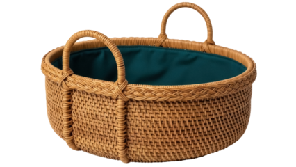 Woven rattan basket with handles isolated PNG, round wicker container with green fabric liner for storage and home decor