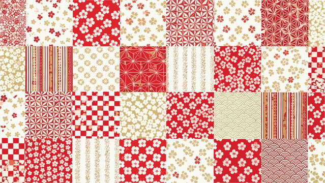 Vibrant patchwork of red and white floral patterns and geometric designs