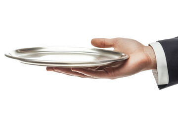 Hand holding a silver serving dish isolated on transparent background. Butler's hand with silver tray isolated on white background.