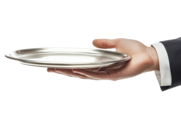 Hand holding a silver serving dish isolated on transparent background. Butler's hand with silver tray isolated on white background.