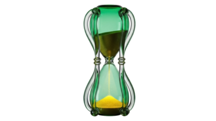 Elegant green hourglass with golden sand isolated PNG, time running out concept on transparent background, deadline and urgency
