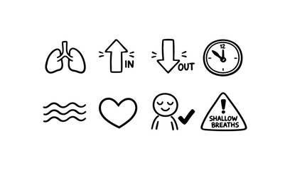 Hand-drawn icons representing breathing, health, and time for medical concepts