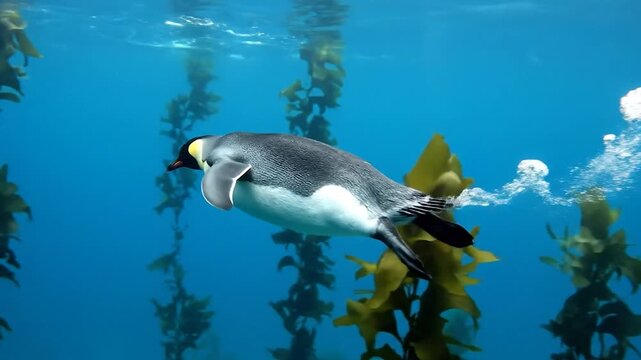 An Emperor penguin swims gracefully underwater, its black, white, and yellow plumage contrasting the blue