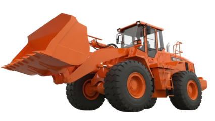 Orange wheel loader PNG isolated on transparent background, heavy construction equipment for earthmoving and material handling projects