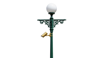 Green vintage street lamp with security camera isolated PNG, old fashioned lamppost on transparent background for architectural design