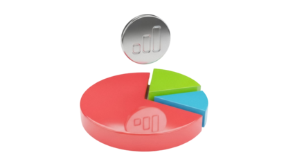 Colorful pie chart with silver graph icon isolated PNG, business data visualization for presentations and infographics on transparent background