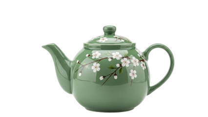 Green ceramic teapot with floral design isolated PNG, vintage style tea kettle for kitchenware and beverage concepts