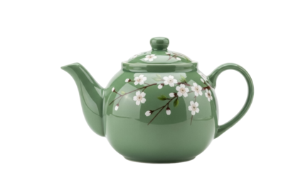 Green ceramic teapot with floral design isolated PNG, vintage style tea kettle for kitchenware and beverage concepts