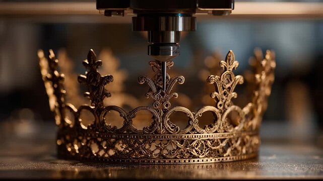 A detailed photo capturing a closeup view of a crown resting on a table A nanoscale 3D printer crafting intricate designs
